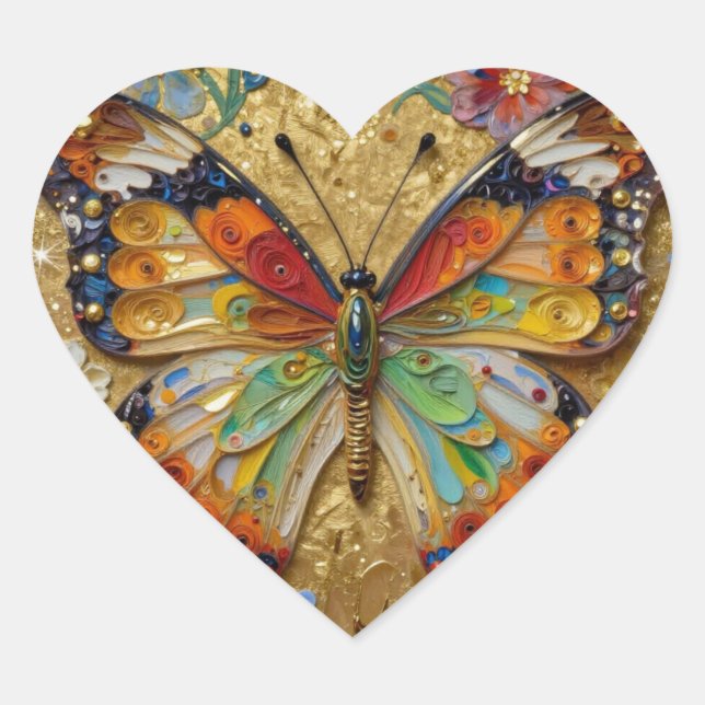 Beautiful Impasto Butterfly and Flowers   Heart Sticker (Front)