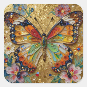 Beautiful Impasto Butterfly and Flowers   Square Sticker