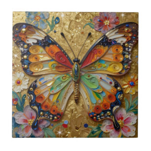Beautiful Impasto Butterfly and Flowers Tile