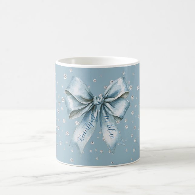 Beautiful in Blue Bow Faux Diamonds Coffee Mug (Center)