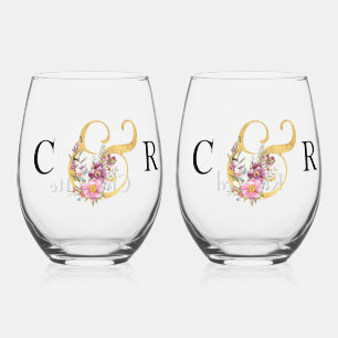 BEAUTIFUL INITIALS AND GOLD AMPERSAND WEDDING STEMLESS WINE GLASS