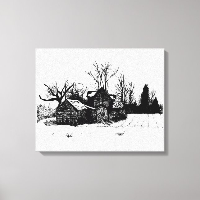 Beautiful Ink Drawing Farmstead Wrapped Canvas (Front)