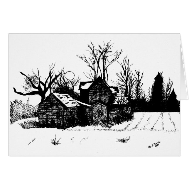Beautiful Ink Drawing of Farmhouse in Winter (Front Horizontal)