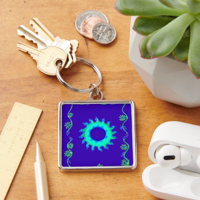 Beautiful Iridescent Blue Floral Art Oil Painting  Key Ring (Desk)