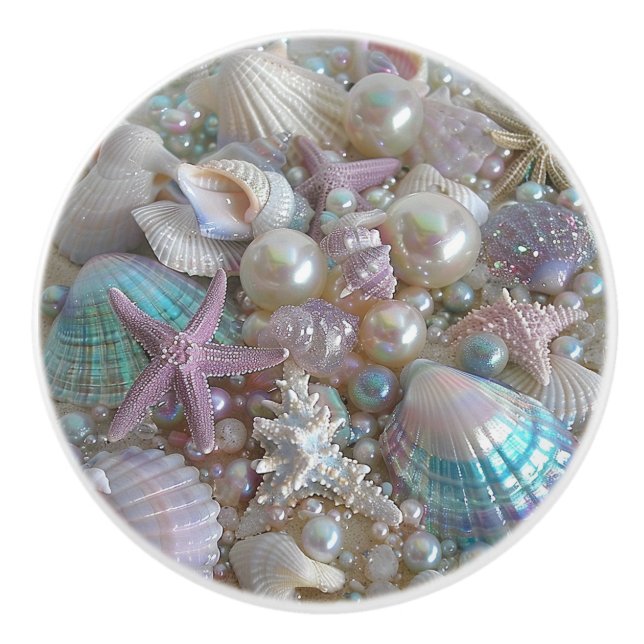 Beautiful Iridescent Seashells pearls Starfish  Ceramic Knob (Front)