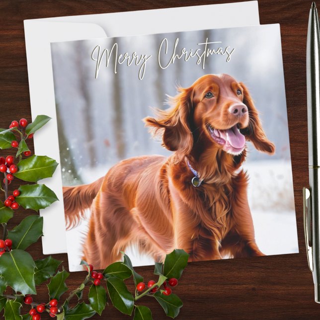 Beautiful Irish Red Setter Dog Breed Christmas Holiday Card (An elegant personalized Christmas card with picture of an Irish Red Setter dog in the winter snow)