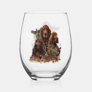 Beautiful Irish Setters with Pheasant , Art Stemless Wine Glass