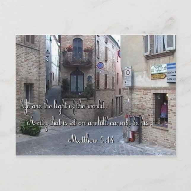 Beautiful Italian Village Street with Scripture Postcard (Front)