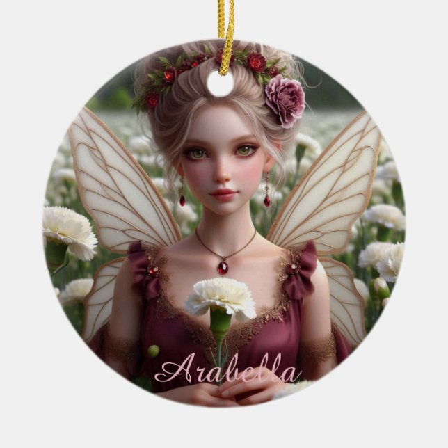 Beautiful January Fairy in Carnations Ceramic Tree Decoration (Front)