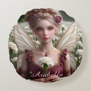 Beautiful January Fairy in Carnations Round Cushion