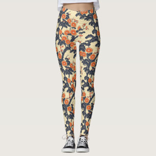 Beautiful Japanese Floral Pattern Blue Beige  Leggings
