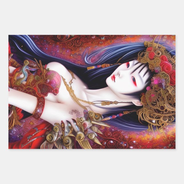 Beautiful Japanese Girl Gothic Fantasy Triptych Wrapping Paper Sheet (Front)