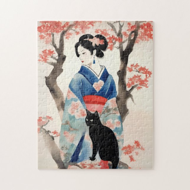 Beautiful Japanese Girl with a Black Cat Jigsaw Puzzle (Vertical)