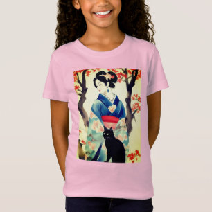 Beautiful Japanese Girl with a Black Cat T-Shirt