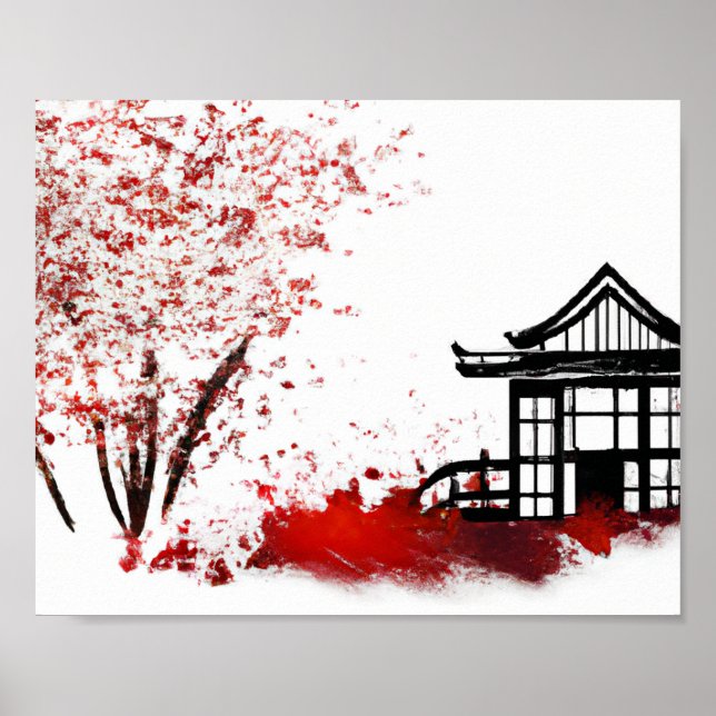 beautiful japanese house in cherry blossom forest poster (Front)