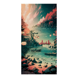 Beautiful Japanese Watercolor Harbor Scene Poster