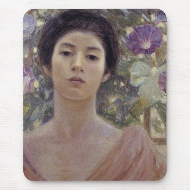 Beautiful Japanese Woman and Morning Glory Flowers Mouse Pad (Front)