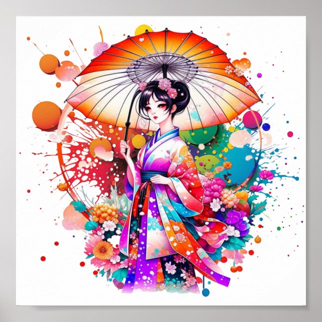 Beautiful Japanese Woman in Kimono Parasol Poster (Front)