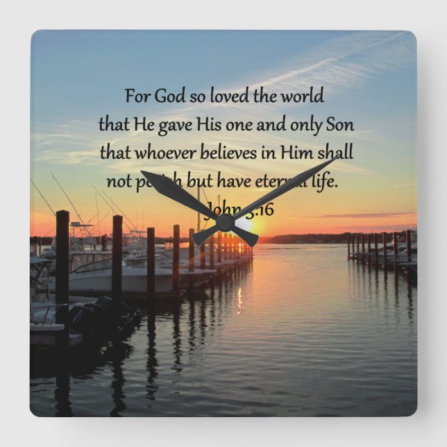 BEAUTIFUL JOHN 3:16 SUNSET PHOTO DESIGN SQUARE WALL CLOCK (Front)