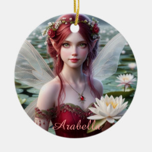 Beautiful July Fairy in Water Lilies Ceramic Tree Decoration