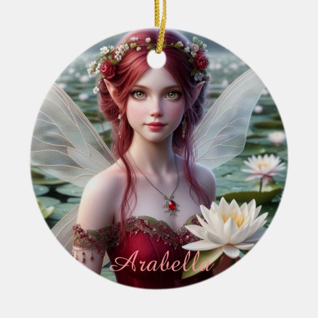 Beautiful July Fairy in Water Lilies Ceramic Tree Decoration (Front)