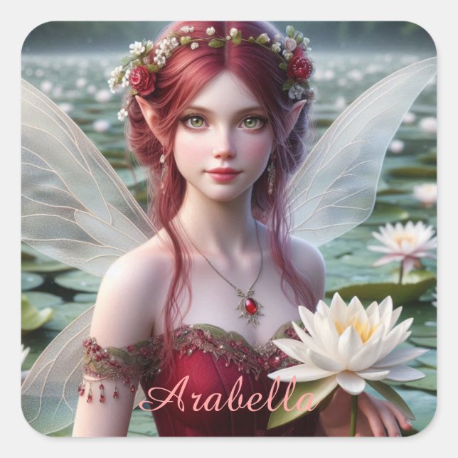Beautiful July Fairy in Water Lilies Square Sticker (Front)