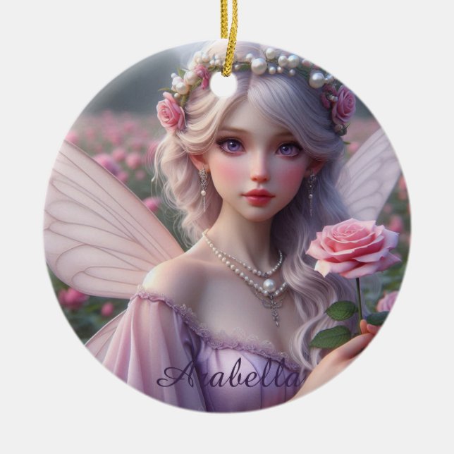 Beautiful June Fairy in Roses Ceramic Tree Decoration (Front)