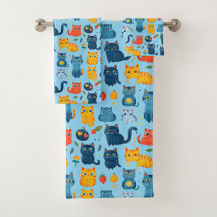 Beautiful kawaii cats, playing with toys white ba Bath Towel Set