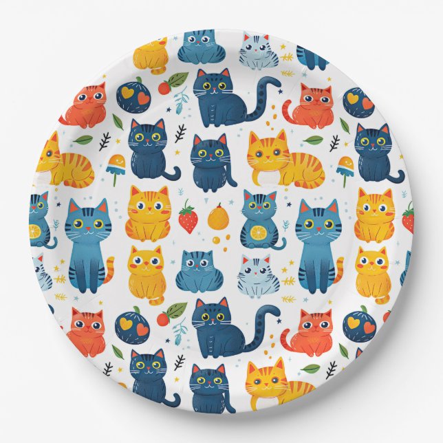  Beautiful kawaii cats, playing with toys white ba Paper Plate (Front)