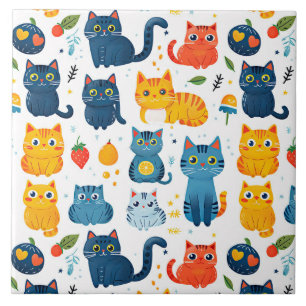 Beautiful kawaii cats, playing with toys white ba Tile