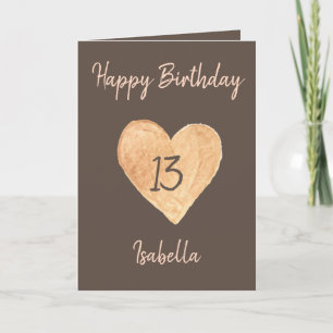 Beautiful Khaki Watercolor Heart 13th Birthday Card