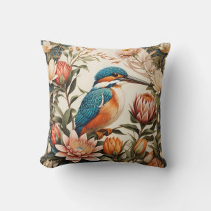 Beautiful Kingfisher and Protea Flowers Cushion