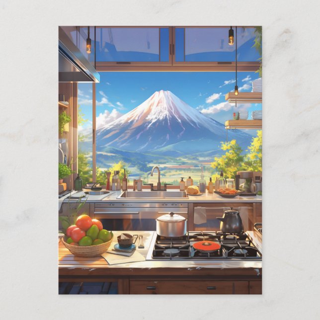 Beautiful Kitchen with View of Mount Fuji Postcard (Front)