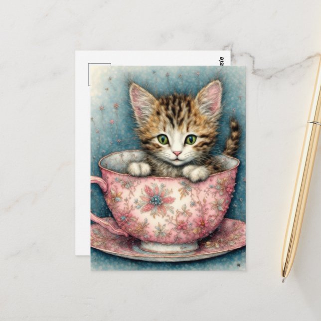 Beautiful kitten in a teacup  postcard (Front/Back In Situ)