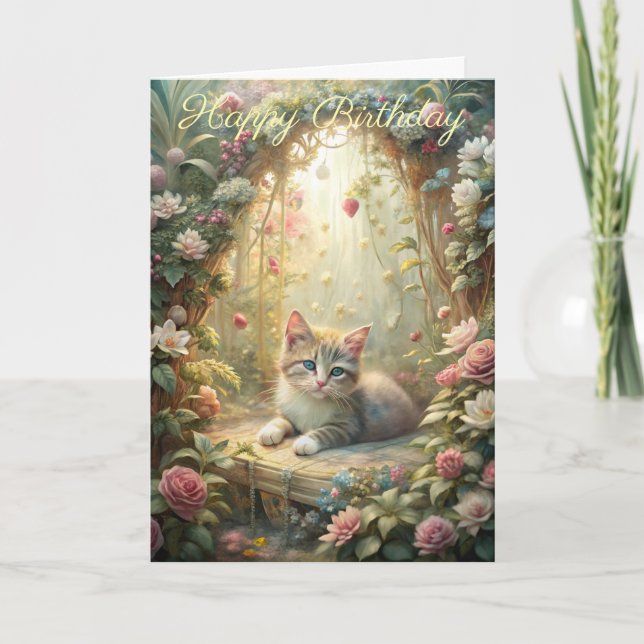 Beautiful Kitten in Rose Garden Birthday Card (Front)