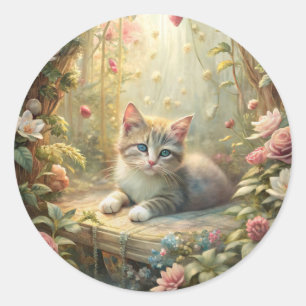 Beautiful Kitten in Rose Garden (Shabby Chic) Classic Round Sticker