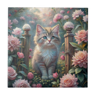 Beautiful Kitten in Rose Garden (Shabby Chic) Tile