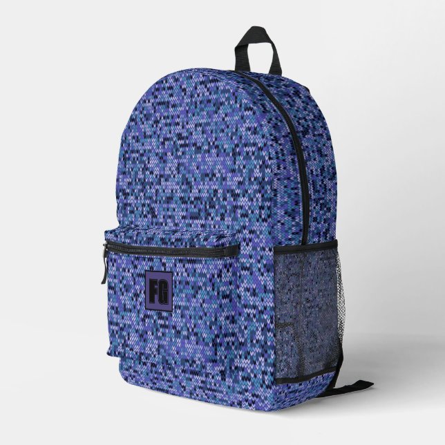 Beautiful , knitting pattern , knitted , blue and  printed backpack (Back Corner Right)