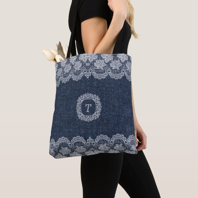  Beautiful Lace Blue Denim Pattern Tote Bag (Close Up)