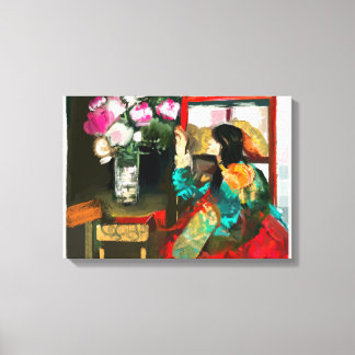 Beautiful Lady Admiring Flowers Canvas Print