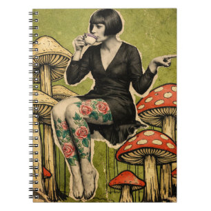 Beautiful Lady Drinks Tea Sits on Mushrooms Notebook