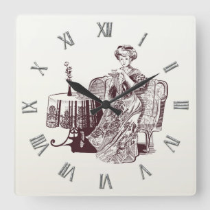 Beautiful Lady drinks tea Square Wall Clock