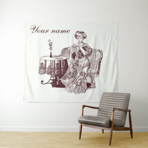 Beautiful Lady drinks tea Tapestry