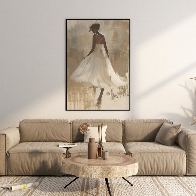 Beautiful Lady in White Dress Aesthetic Wall Art (Beautiful Lady in White Dress Aesthetic Wall Art in a beautiful beige neutral boho luxe living room.)