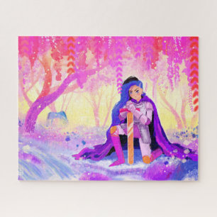 Beautiful lady knight in a blooming forest jigsaw puzzle