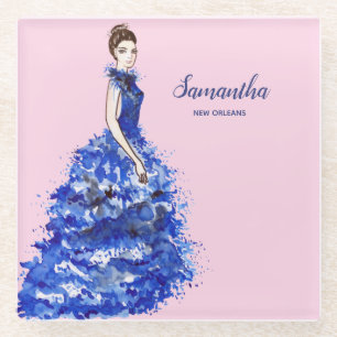 Beautiful Lady with Sparkly Blue Gown Fashion Glass Coaster