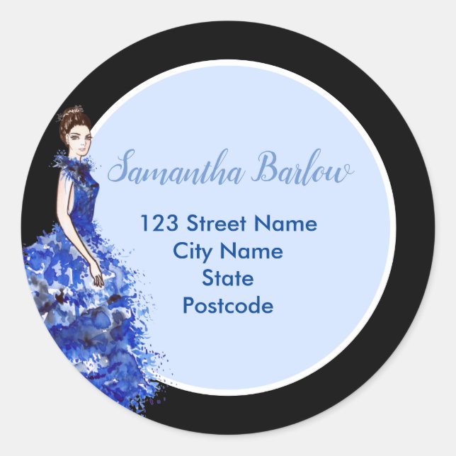 Beautiful Lady with Sparkly Blue Gown Fashion Rect Classic Round Sticker (Front)