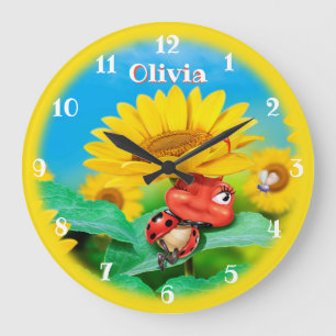 Beautiful Ladybug snoozing on Sunflowers. Large Clock