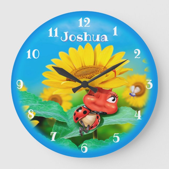 Beautiful Ladybug snoozing on Sunflowers. Large Clock (Front)