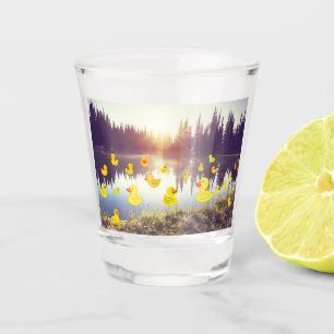Beautiful lake in the sunrise with plastic dack shot glass